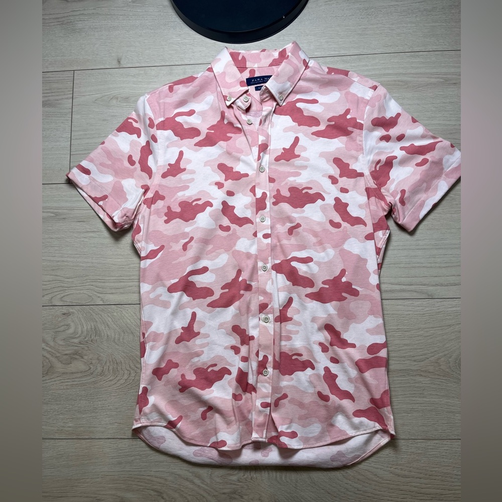 Zara Man Pink/White Camouflage Short Sleeve Button Down Shirt Men M 100% Cotton